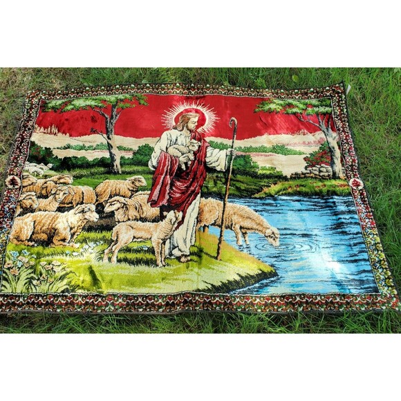 Vtg 70 Religious Jesus Christ & Lambs Velvet Sofa Tapestry Style Lg Wall Hanging - Picture 1 of 10